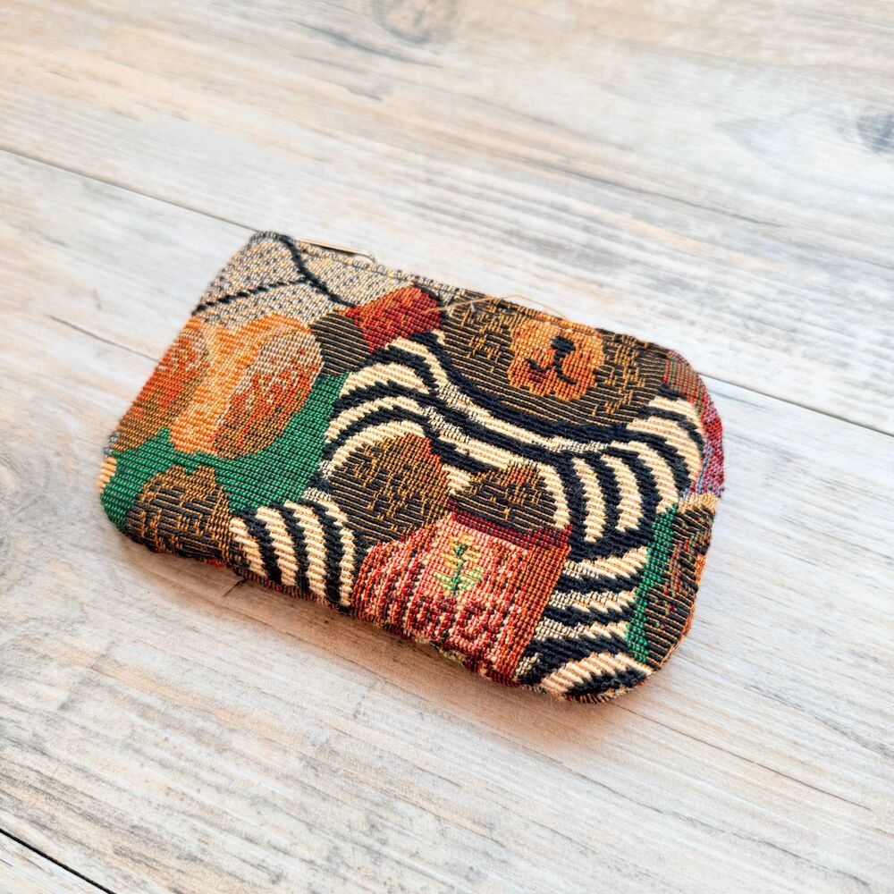 Vintage Tapestry Coin Purse Autumn Woodland Bear Zip Pouch Gobelin Wallet Fall